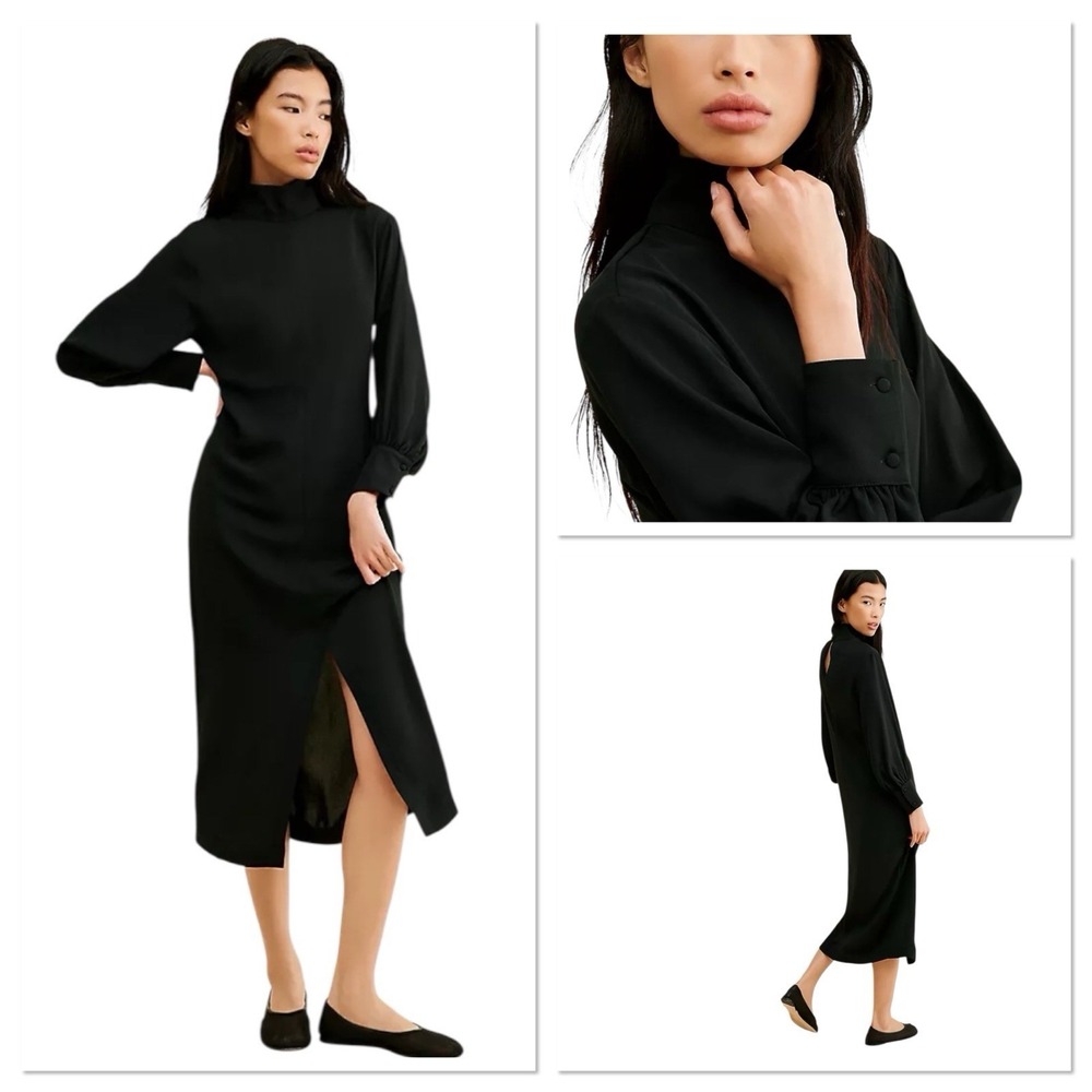 Anthropologie Maeve Long Sleeve Mock-Neck Midi Dress Size Small Black Front Slit